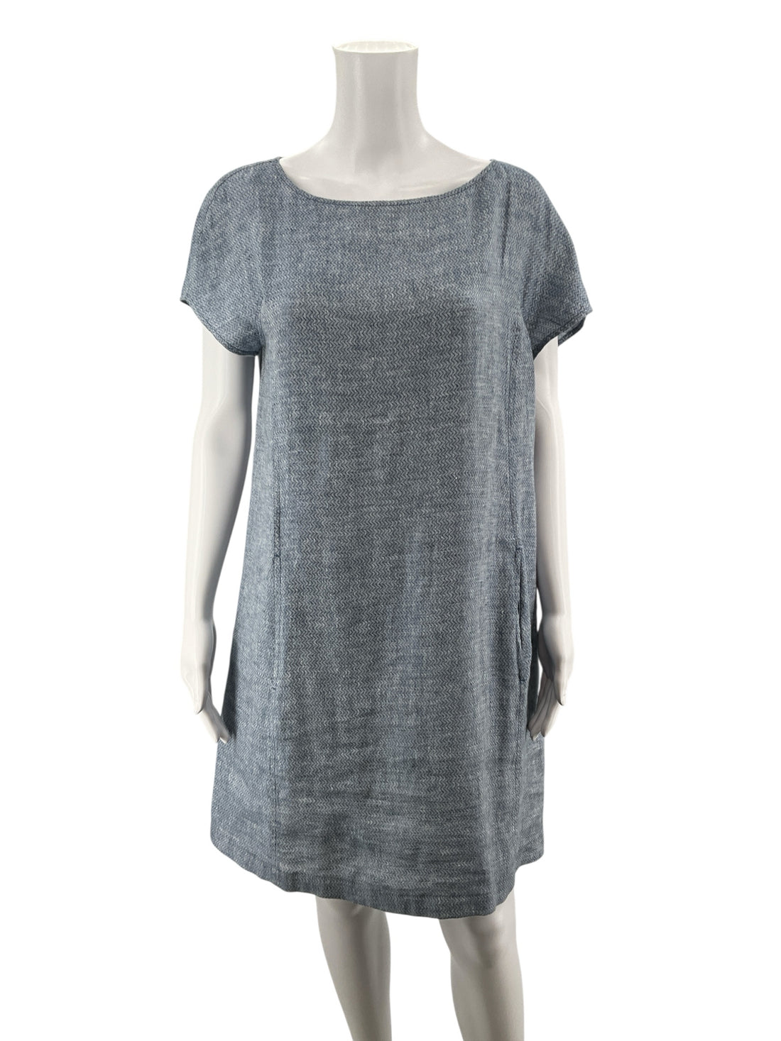 Eileen Fisher Blue Shift Organic Linen Herringbone Tunic Dress Size Small Slate Blue Pockets - Size S