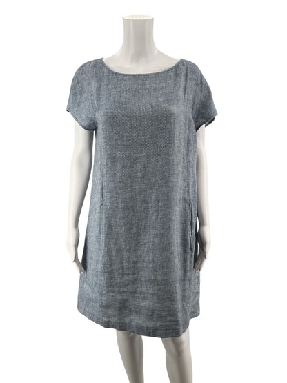 Eileen Fisher Blue Shift Organic Linen Herringbone Tunic Dress Size Small Slate Blue Pockets - Size S