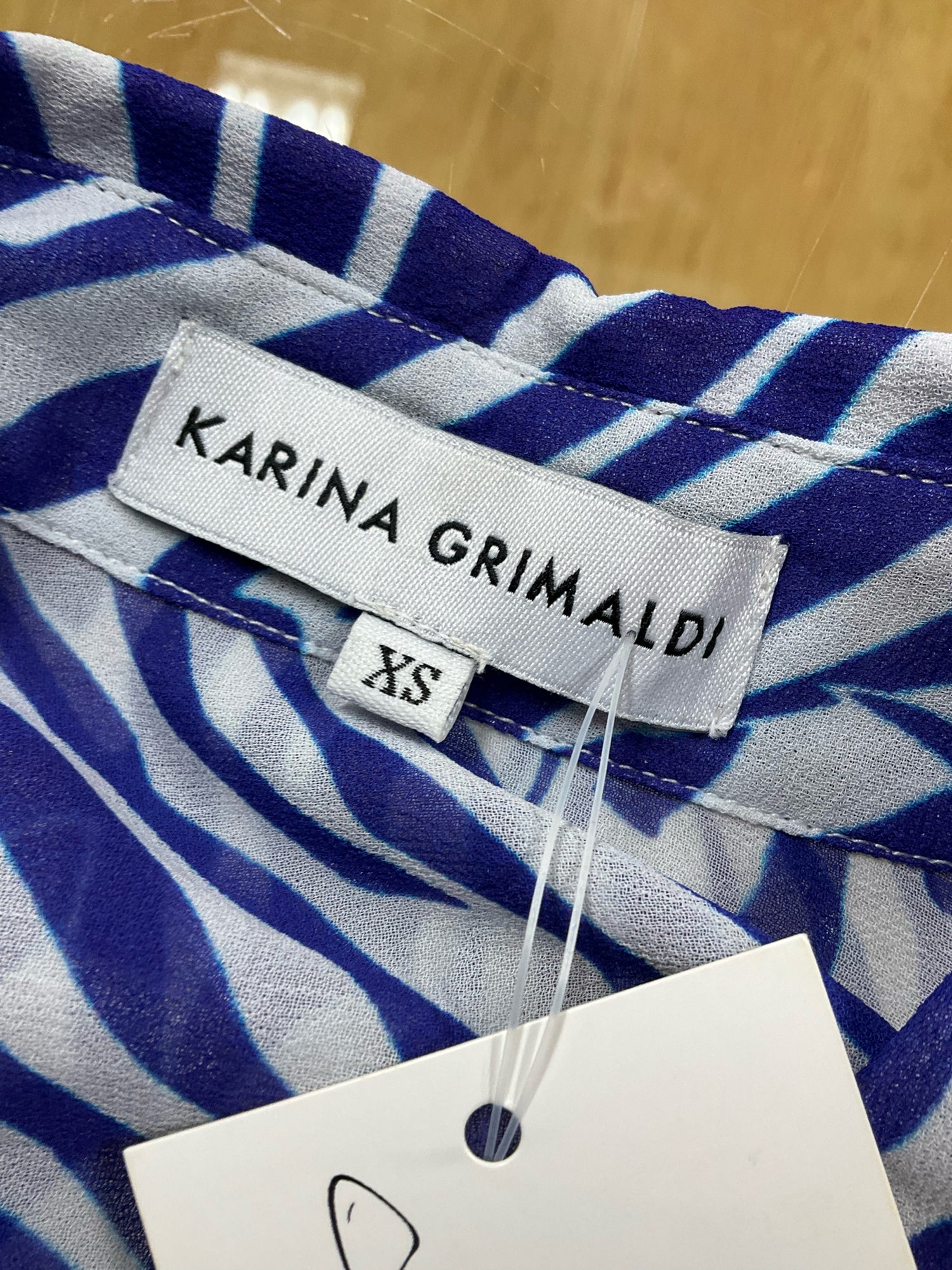 Karina Grimaldi Zebra Print Silk Blend Blouse XS Blue White Button Down Top - ONLINE ONLY
