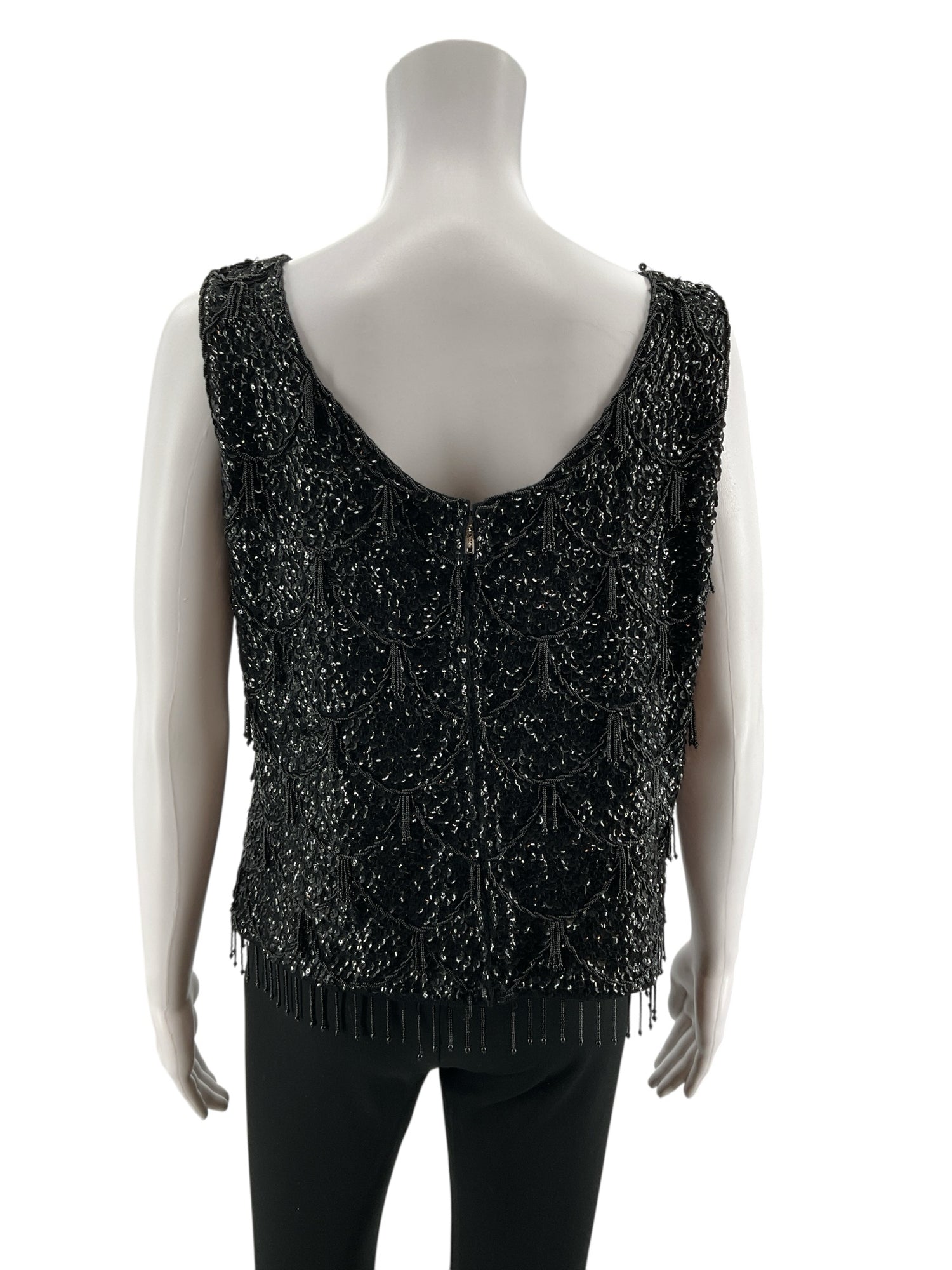 Unbranded Vintage Glam Black Wool Sequin &amp; Beaded Fringe Tank Top | Art Deco Sleeveless Shell