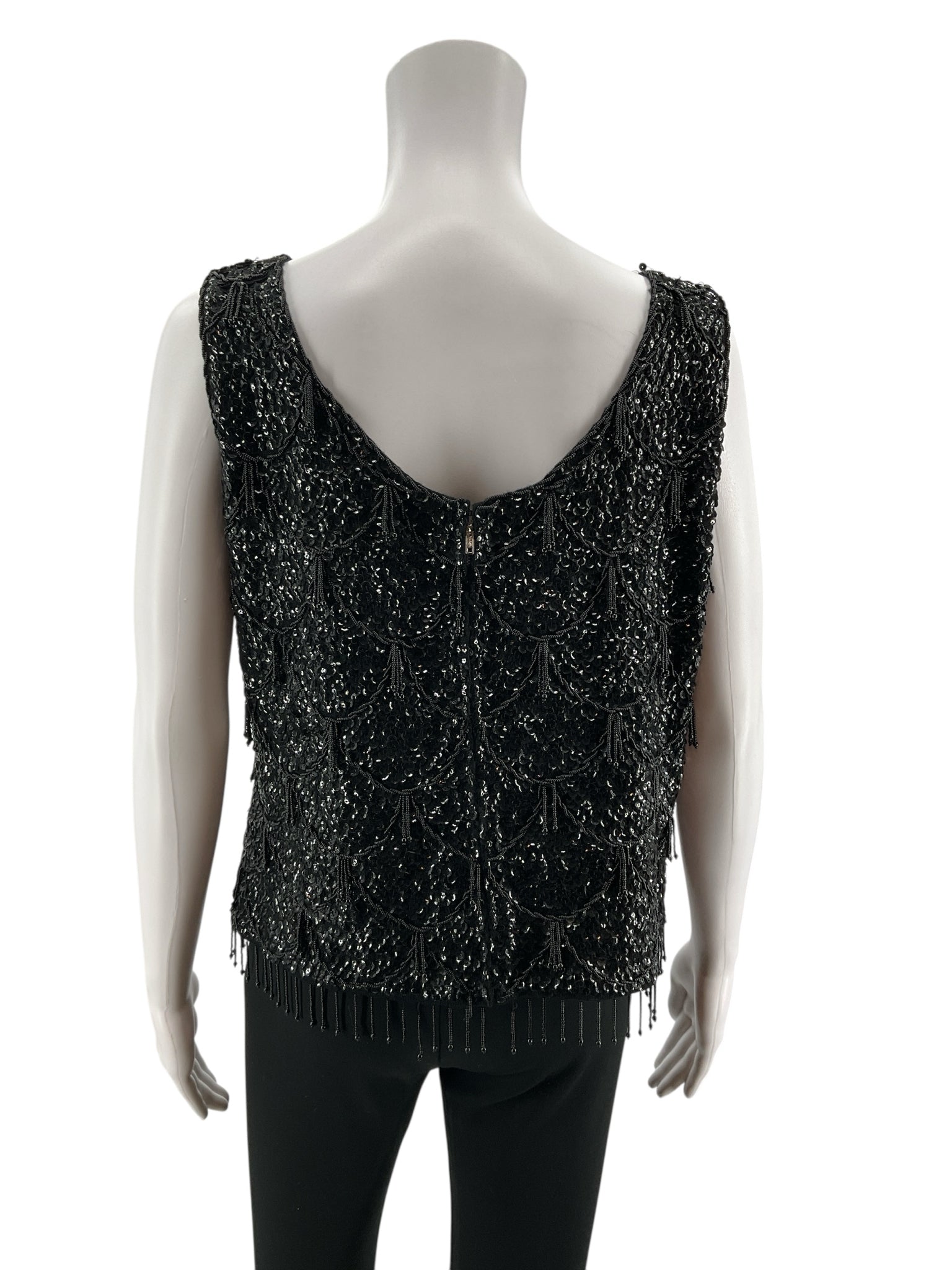 Unbranded Vintage Glam Black Wool Sequin &amp; Beaded Fringe Tank Top | Art Deco Sleeveless Shell