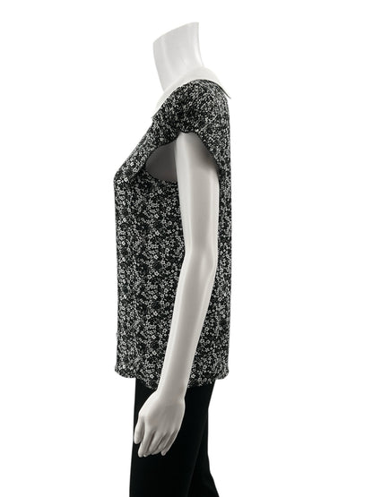 Adrianna Papell black/white Cap Sleeve Black White Ditsy Floral Peter Pan Collar Blouse Top Size Small - Size S
