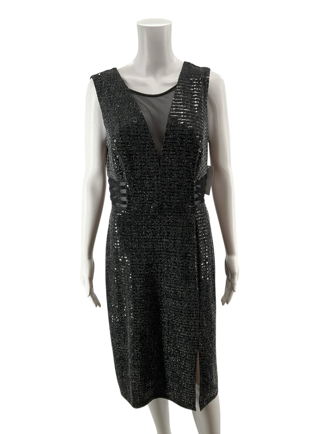 Enfocus Studio Sequin Metallic V-Neck Midi Dress Black Silver Size 12 NWT