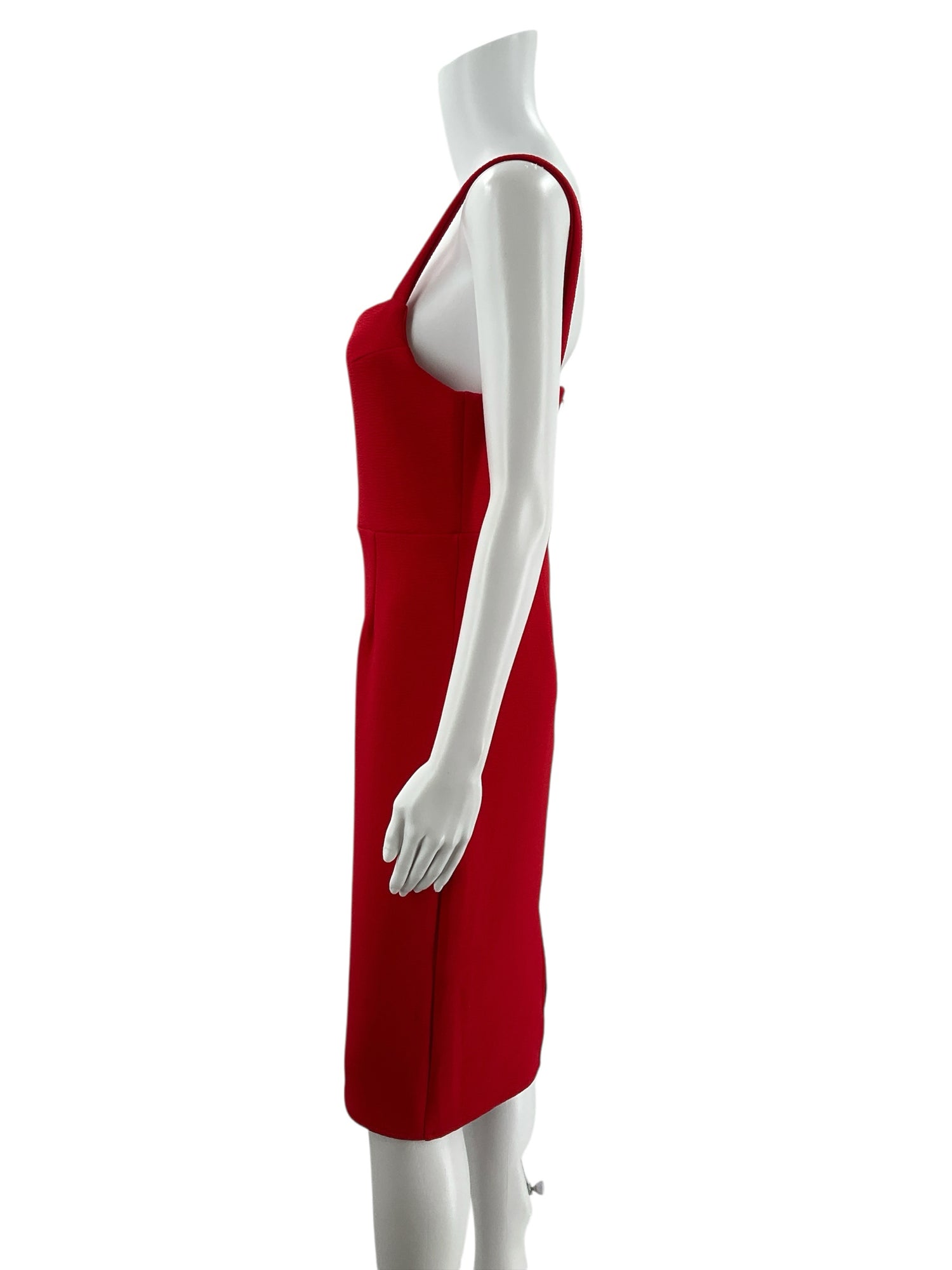 Side profile of Lulus red bodycon midi dress in size large, highlighting the stretch crepe fabric and tailored fit ideal for special occasions.