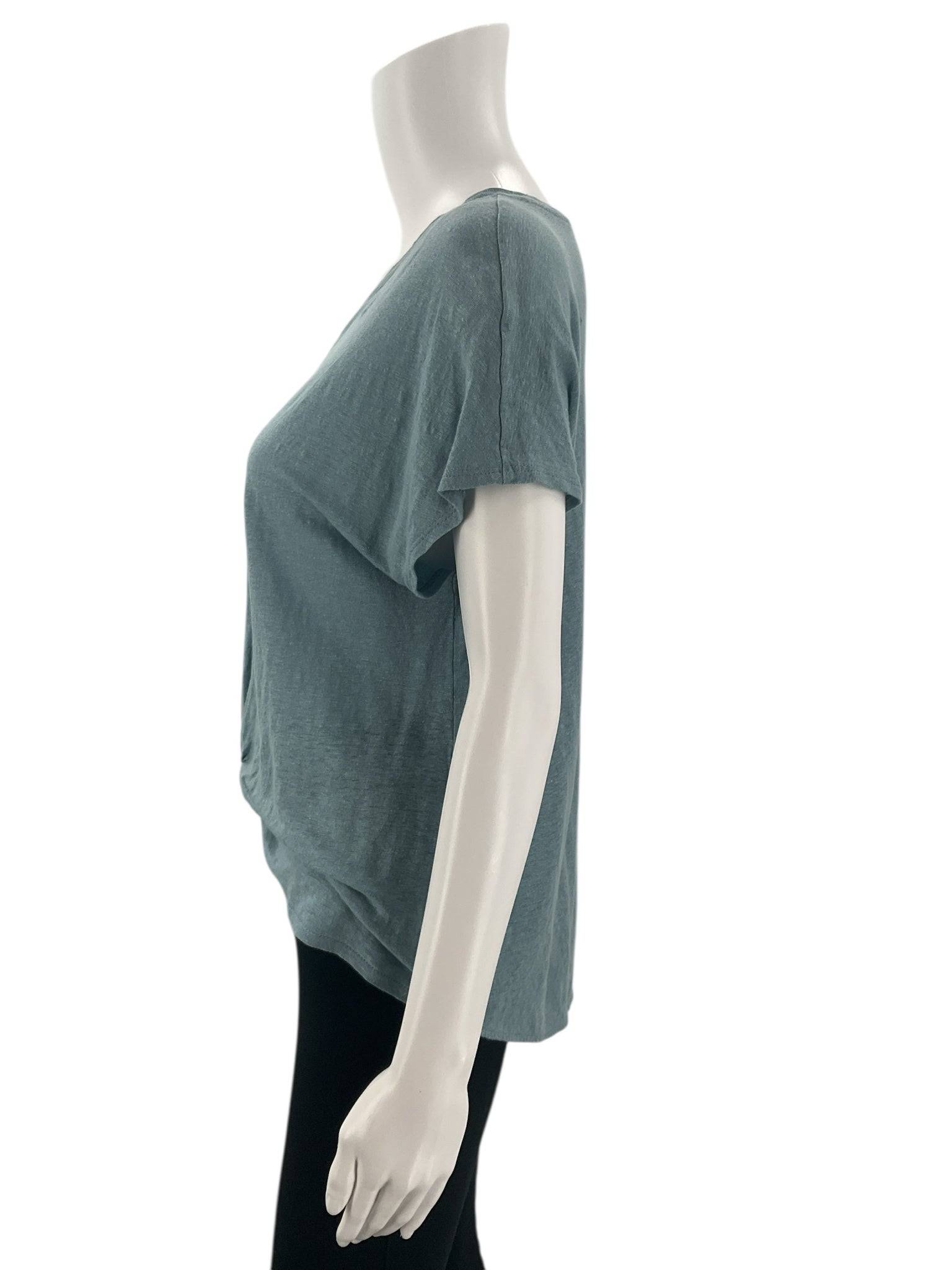 Side profile of Loft Blue Heathered Top - Size Small highlighting soft drape and short sleeve design for everyday comfort.