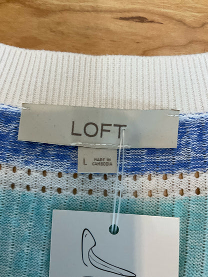 LOFT Striped Puff Sleeve Cotton Sweater Cardigan Size Large - ONLINE ONLY