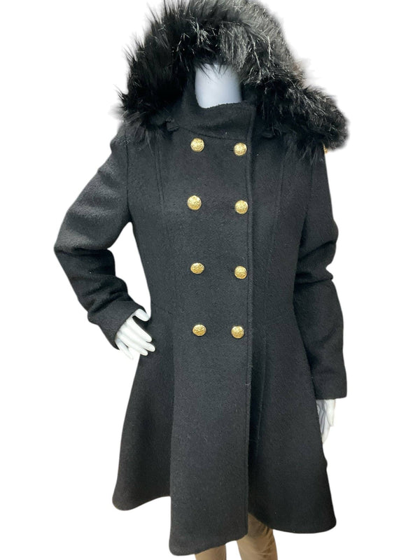 Liz Claiborne black solid coat size large with gold buttons and faux fur hood, available at Margaret's Fine Consignments. Elegant outerwear for winter.