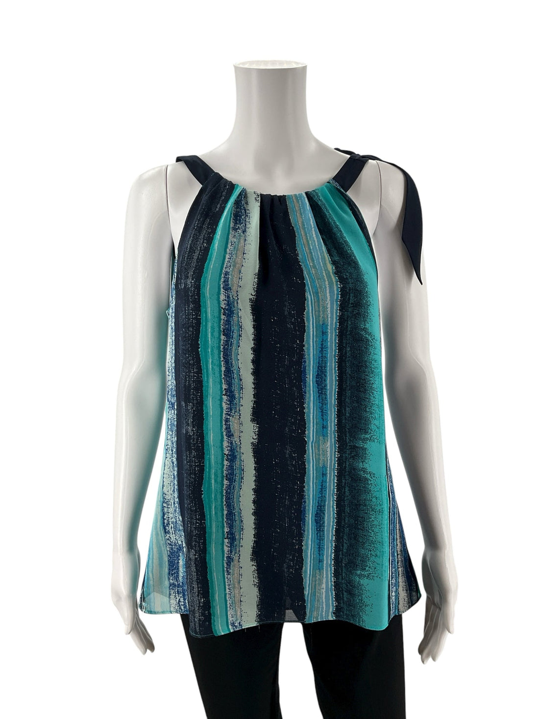 Ann Taylor navy and turquoise print sleeveless halter tunic top with tie-shoulder detail, size 6, relaxed fit, scoop neck.