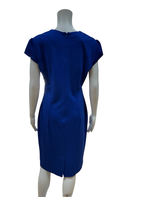 Back view of HOMEYBEE royal blue sheath dress with zip closure and back slit, tailored for a sleek office or cocktail look.