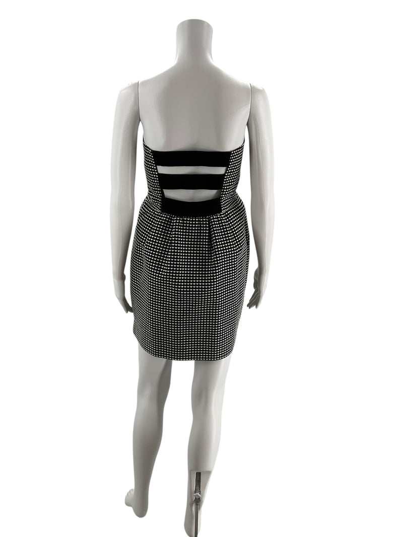 Back view of Rachel Roy strapless mini dress with bold cutout back design and heart jacquard pattern, size 10, ideal for cocktail events.