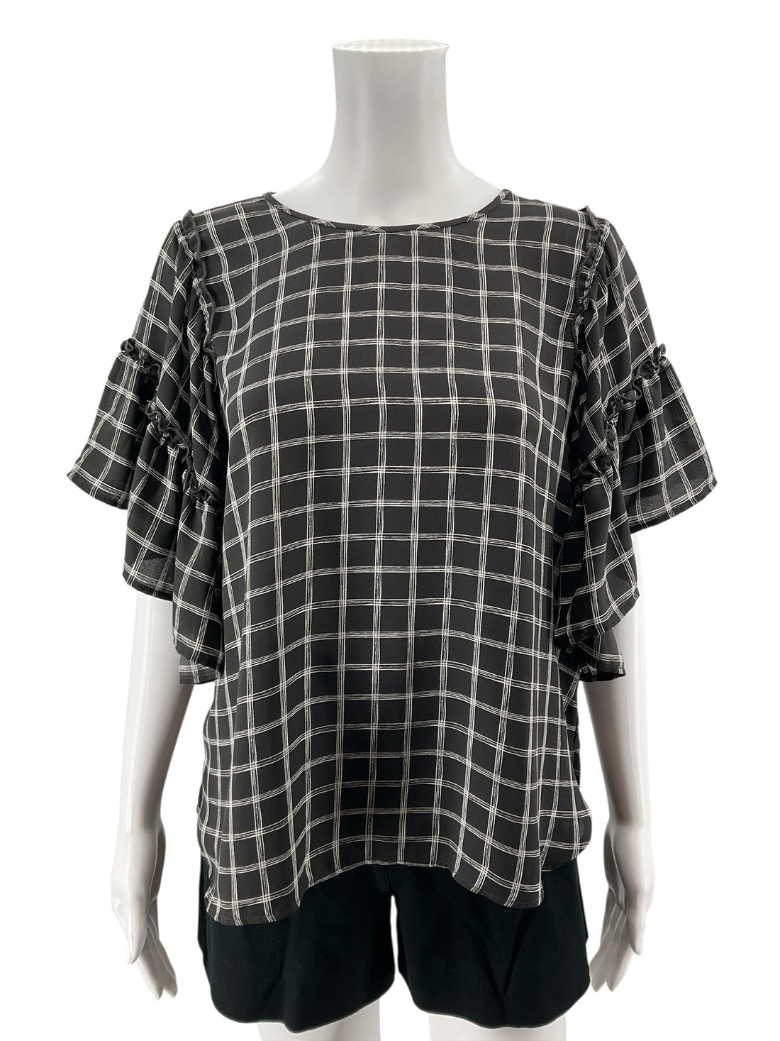 LOFT Outlet Petite Gray &amp; White Checkered Ruffle Flutter Sleeve Blouse