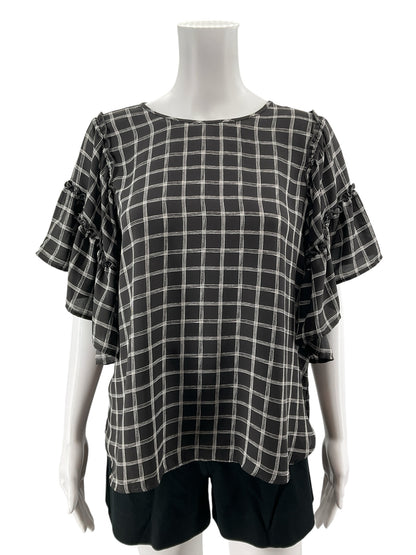 LOFT Outlet Petite Gray &amp; White Checkered Ruffle Flutter Sleeve Blouse