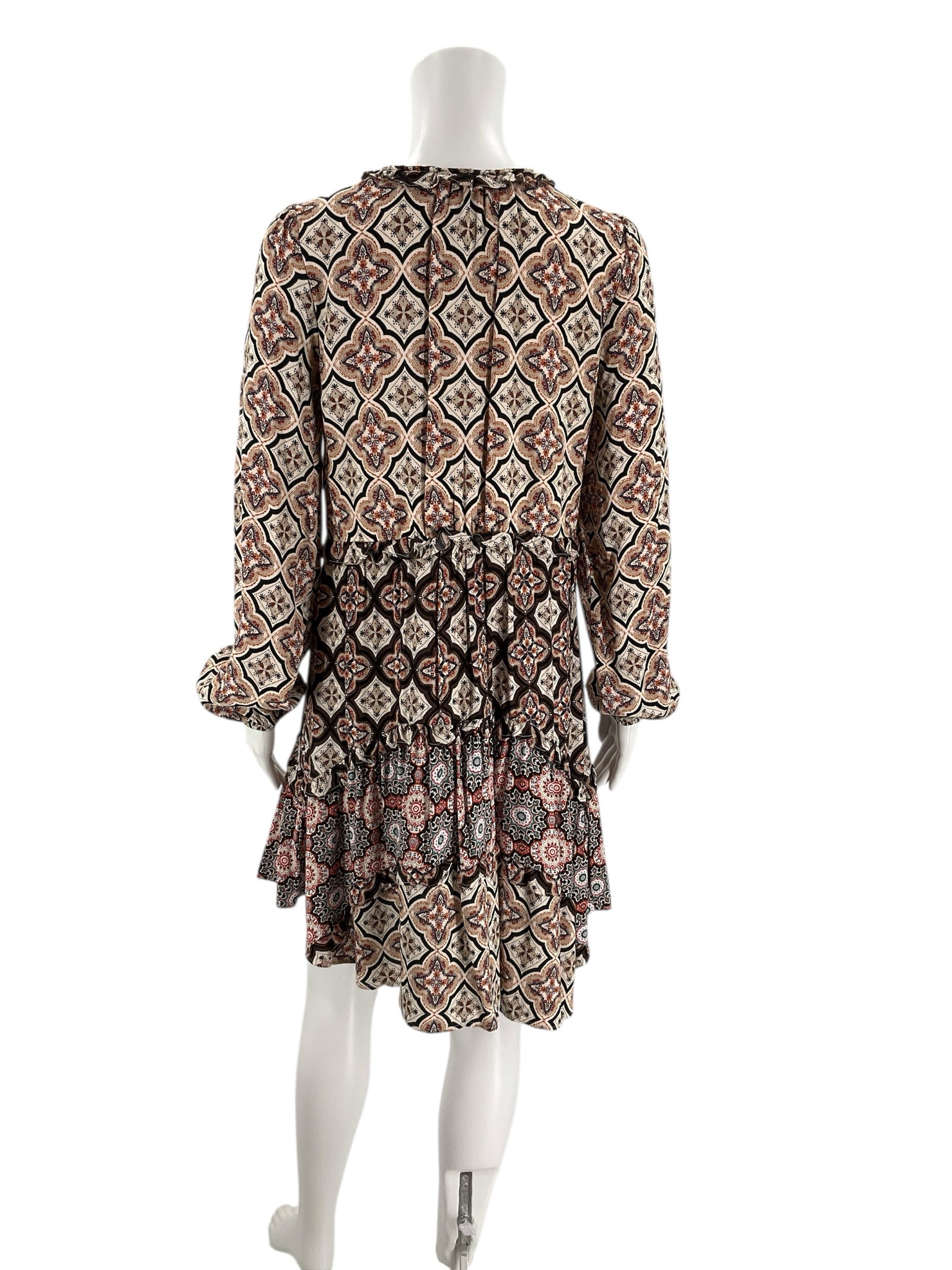 Back view of Anthropologie Brown/Orange Print Dress - Size XS showcasing the layered skirt and all-over boho-inspired print.