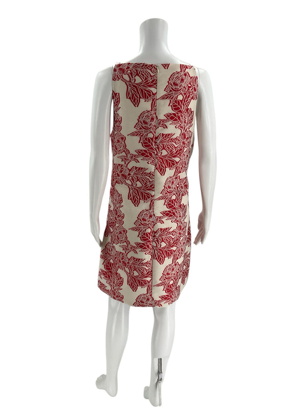 Back view of THML white/red floral pre-owned ladies dress, size large. Features sleeveless design and vibrant floral pattern.