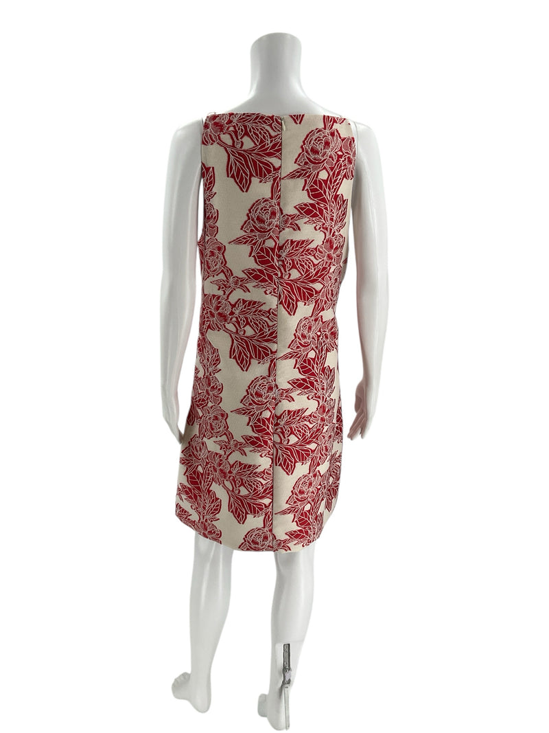 Back view of THML white/red floral pre-owned ladies dress, size large. Features sleeveless design and vibrant floral pattern.