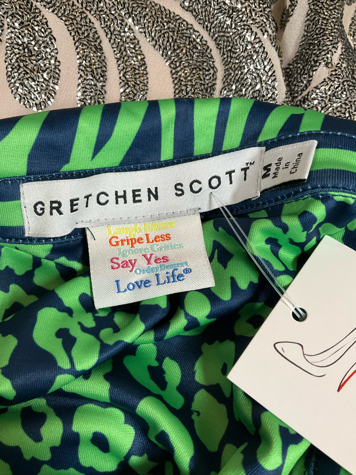 Gretchen Scott Ruffneck Zebra &amp; Dot Print Shift Dress Green Blue Size Medium
