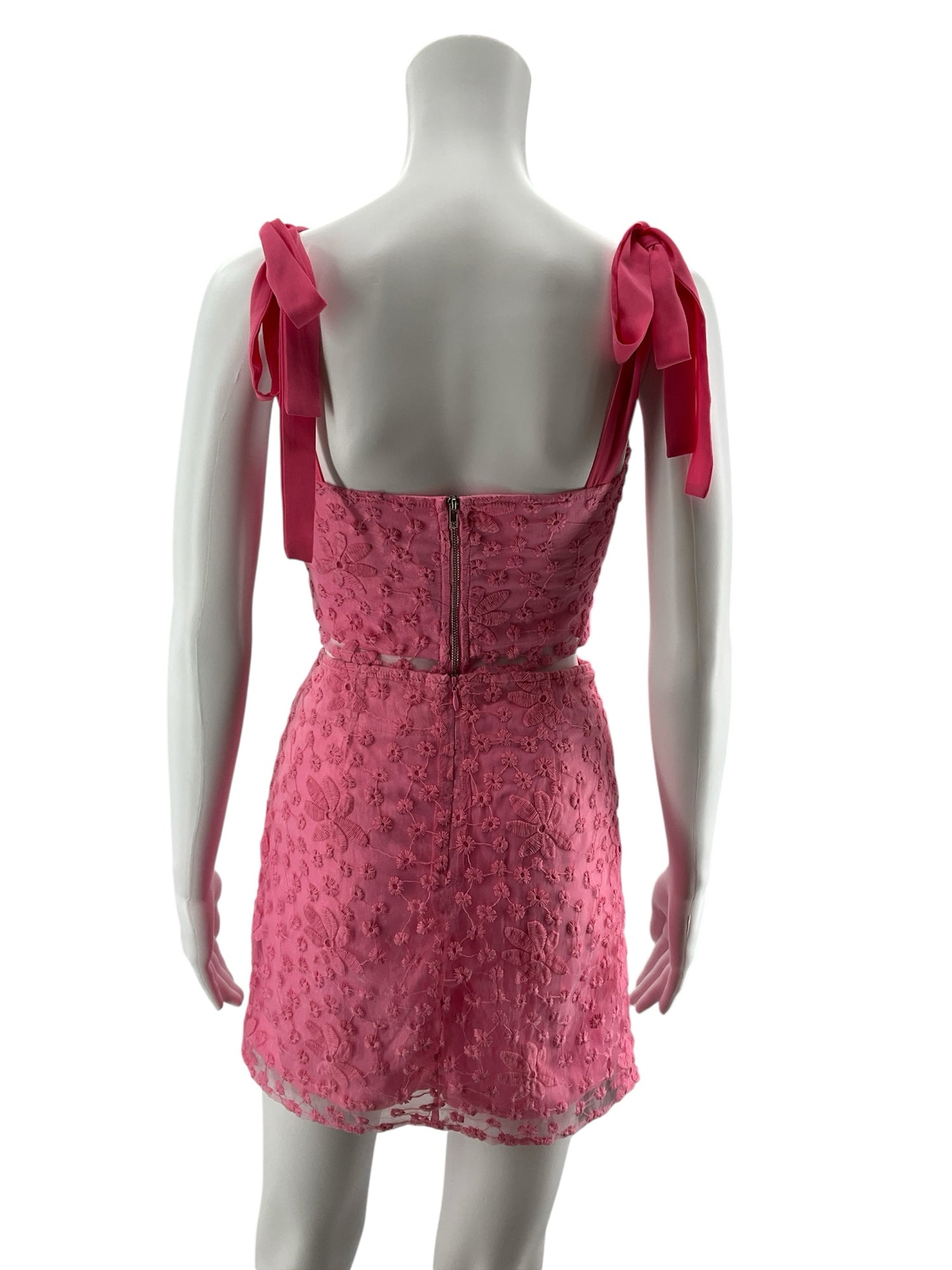 mi ami Pink Floral Embroidered Mesh Two-Piece Skirt Set | Size XS