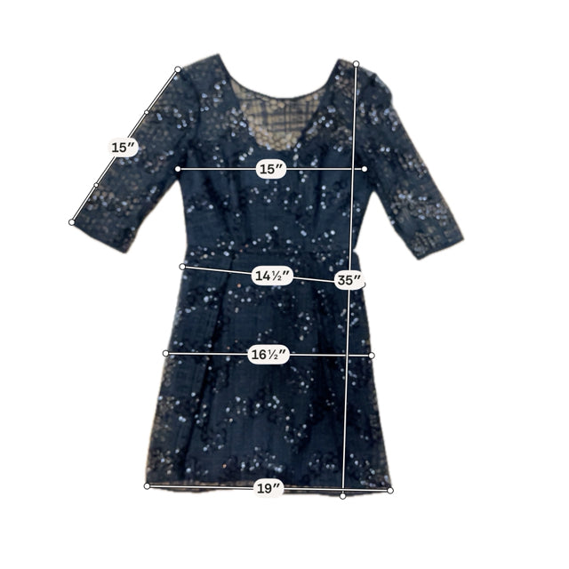 Milly Black Sequin Lace V-Back Cocktail Dress Elbow Sleeve Size 6 - ONLINE ONLY