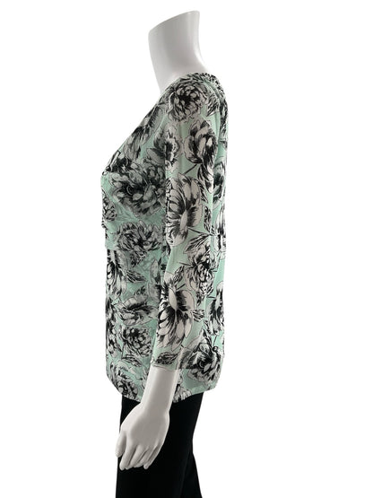Alfani aqua and black floral blouse, pre-owned size medium, scoop neck pullover casual top with vibrant floral pattern.