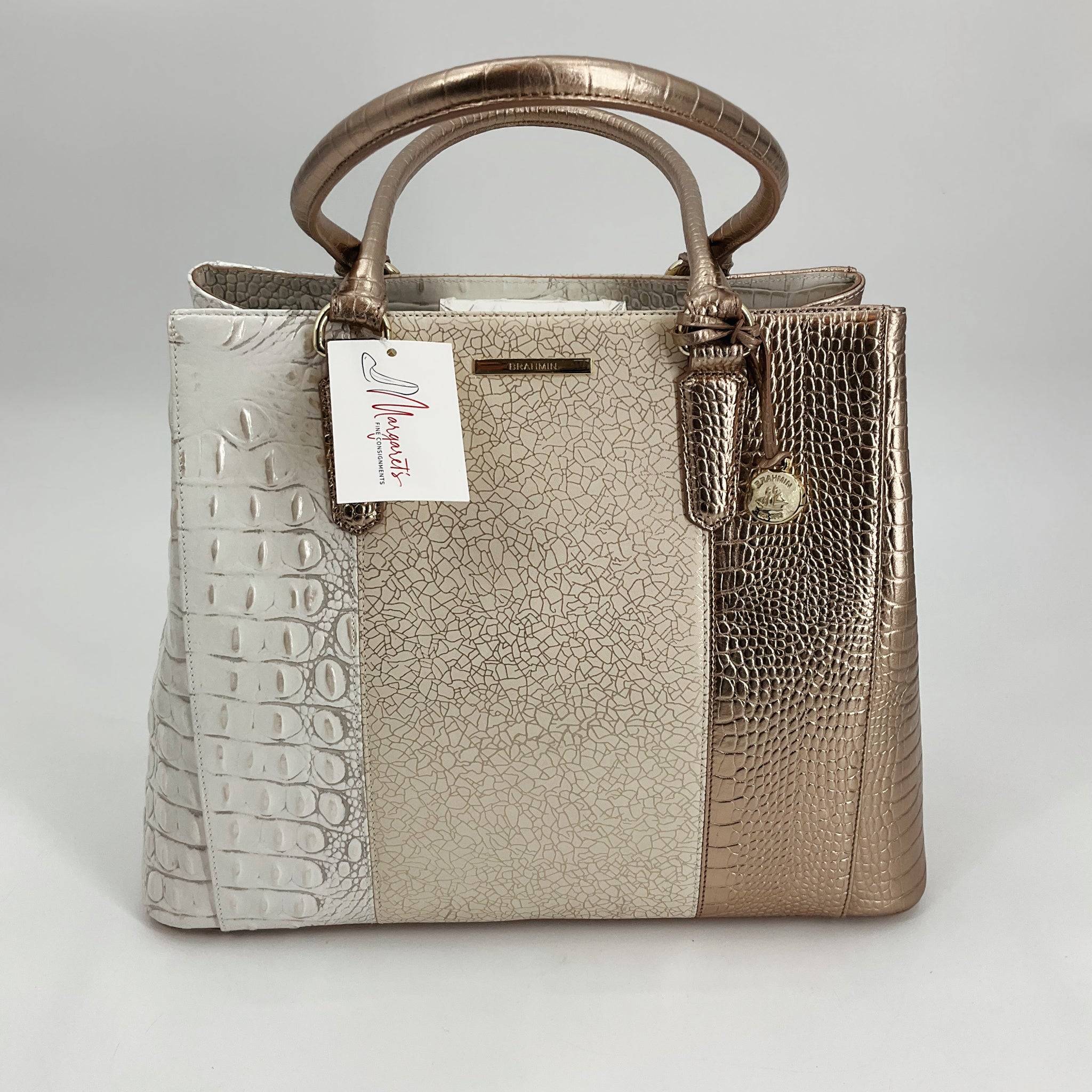 Brahmin Cream/Gold crocodile Purse with textured leather panels and top handles, available at Margaret's Fine Consignment. Elegant tote with gold-tone charm.