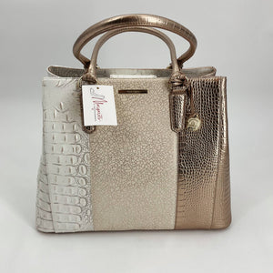 Brahmin Cream/Gold crocodile Purse with textured leather panels and top handles, available at Margaret's Fine Consignment. Elegant tote with gold-tone charm.