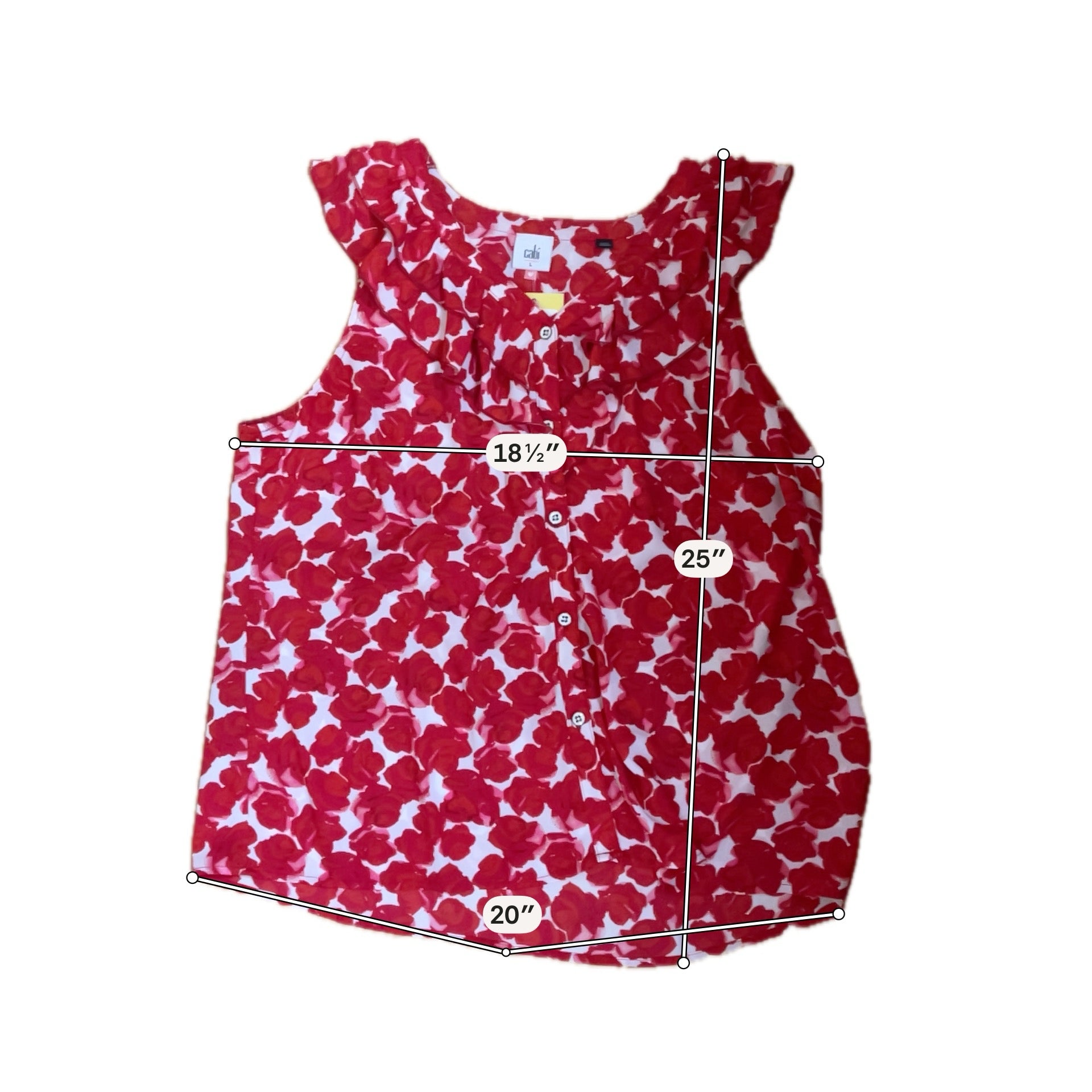 cabi White/Red Sleeveless Valentine Blouse Red Floral Ruffle V-Neck Sleeveless Top Size Large - Size L