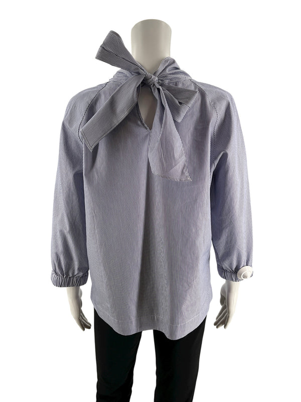 J Crew Blue/White Pinstripe Pre-Owned Ladies Top - Size 6