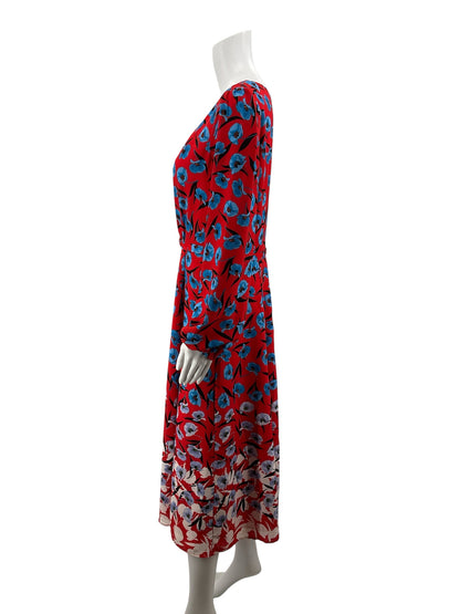 Ann Taylor Red &amp; Blue Floral Puff Sleeve Belted Midi Dress Size 8 - ONLINE ONLY