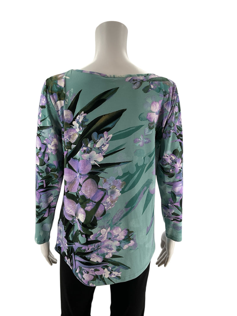 Back view of Bob Mackie Green/Purple Floral Pre-Owned Ladies Top - Size XS, showcasing high-low hem and artistic tropical print.