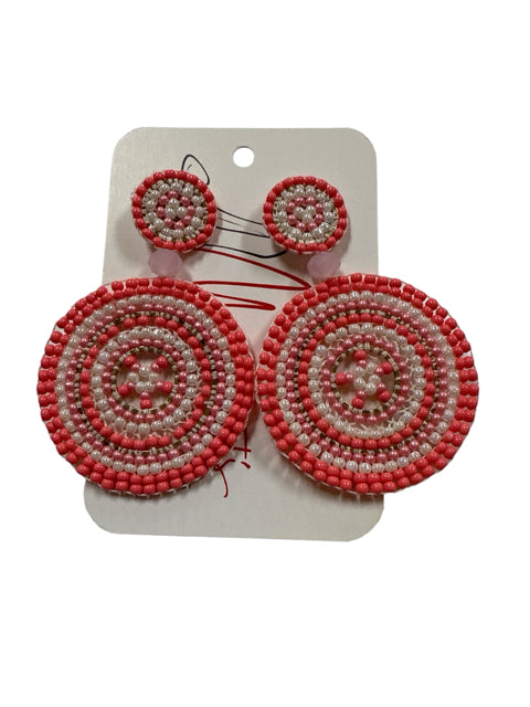 Artisan Coral Pink Seed Bead Circle Dangle Earrings Boho Statement Jewelry