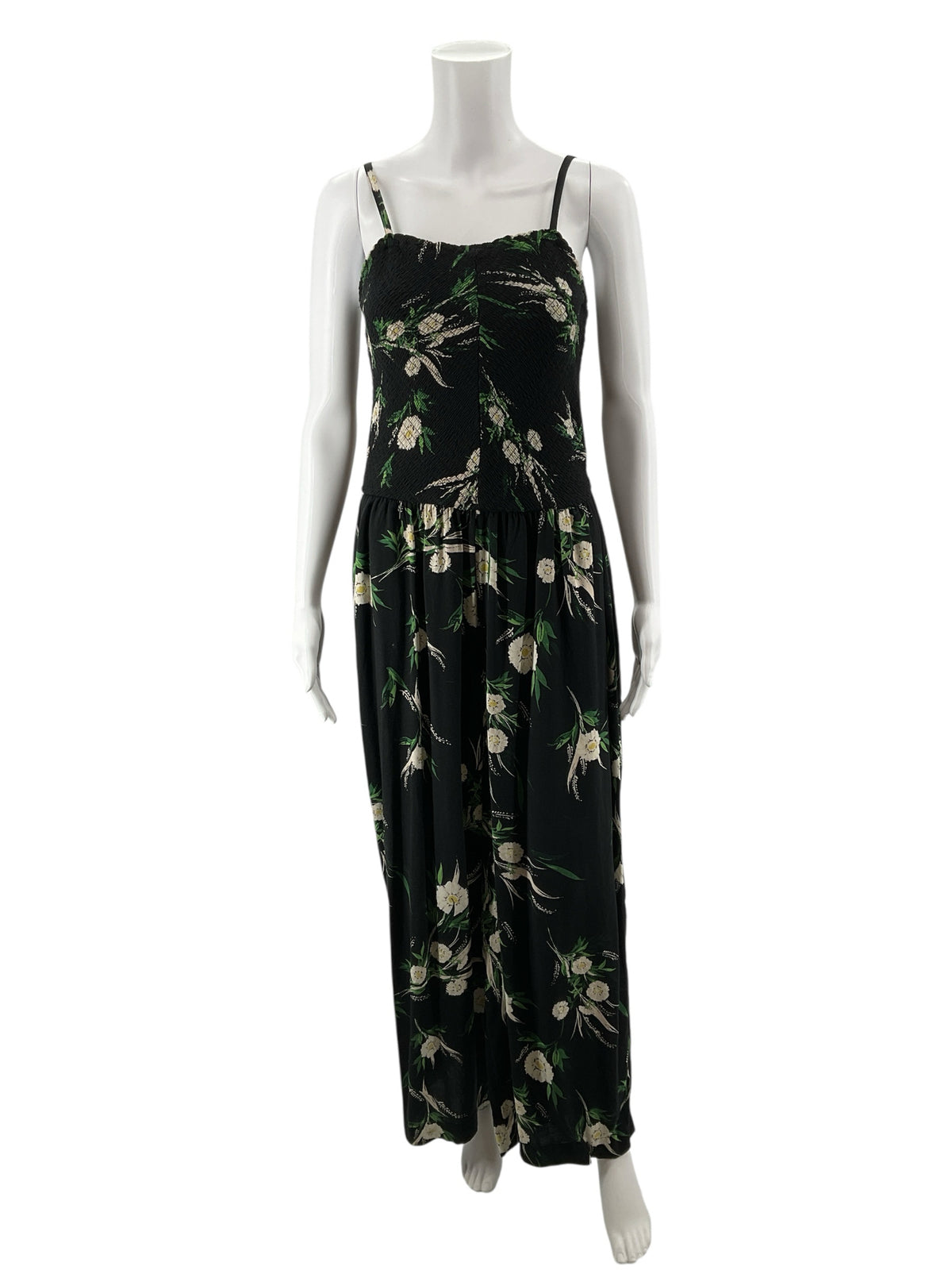 Maurices Floral Smocked Bodice Wide Leg Jumpsuit Black Green Cream Size Large - ONLINE ONLY