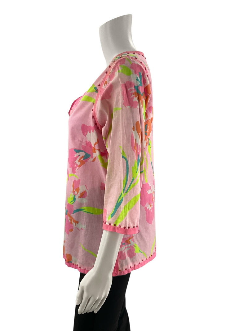 Gretchen Scott Pink/Lime Floral Pre-Owned Ladies Top - Size Small