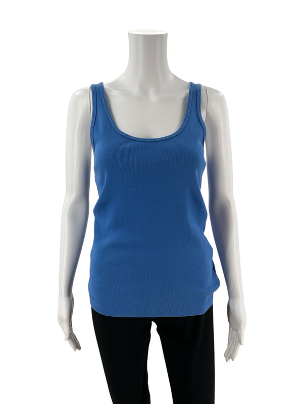Pre-owned Lauren Ralph Lauren blue ribbed tank top in size small displayed on a mannequin, made from 100% cotton with a scoop neck.