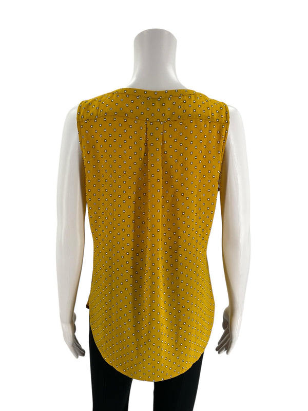 Back view of Loft yellow print top in size small, featuring a curved hem and lightweight fabric for a relaxed, stylish fit.