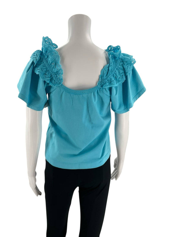 Back view of Pilcro Turquoise Lace Top - Size XS featuring open scoop back and intricate lace detailing on shoulders, NWT at Margaret's Fine Consignment.