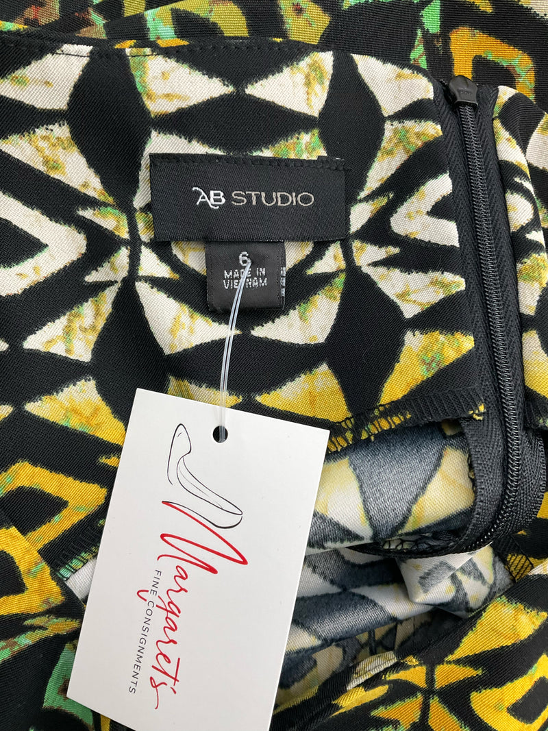 AB Studio Black/Yellow/Green Print Pre-Owned Ladies Dress - Size 6