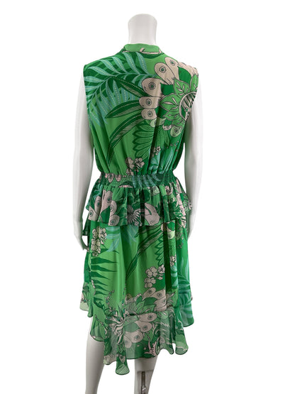 Hale Bob Emerald Green Floral Tiered Ruffle Sleeveless Dress Size Large