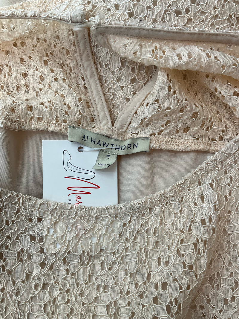 Close-up of 41 Hawthorn label inside Beige Lace Pre-Owned Ladies Top - Size XS, showing brand tag and neckline lace detail.