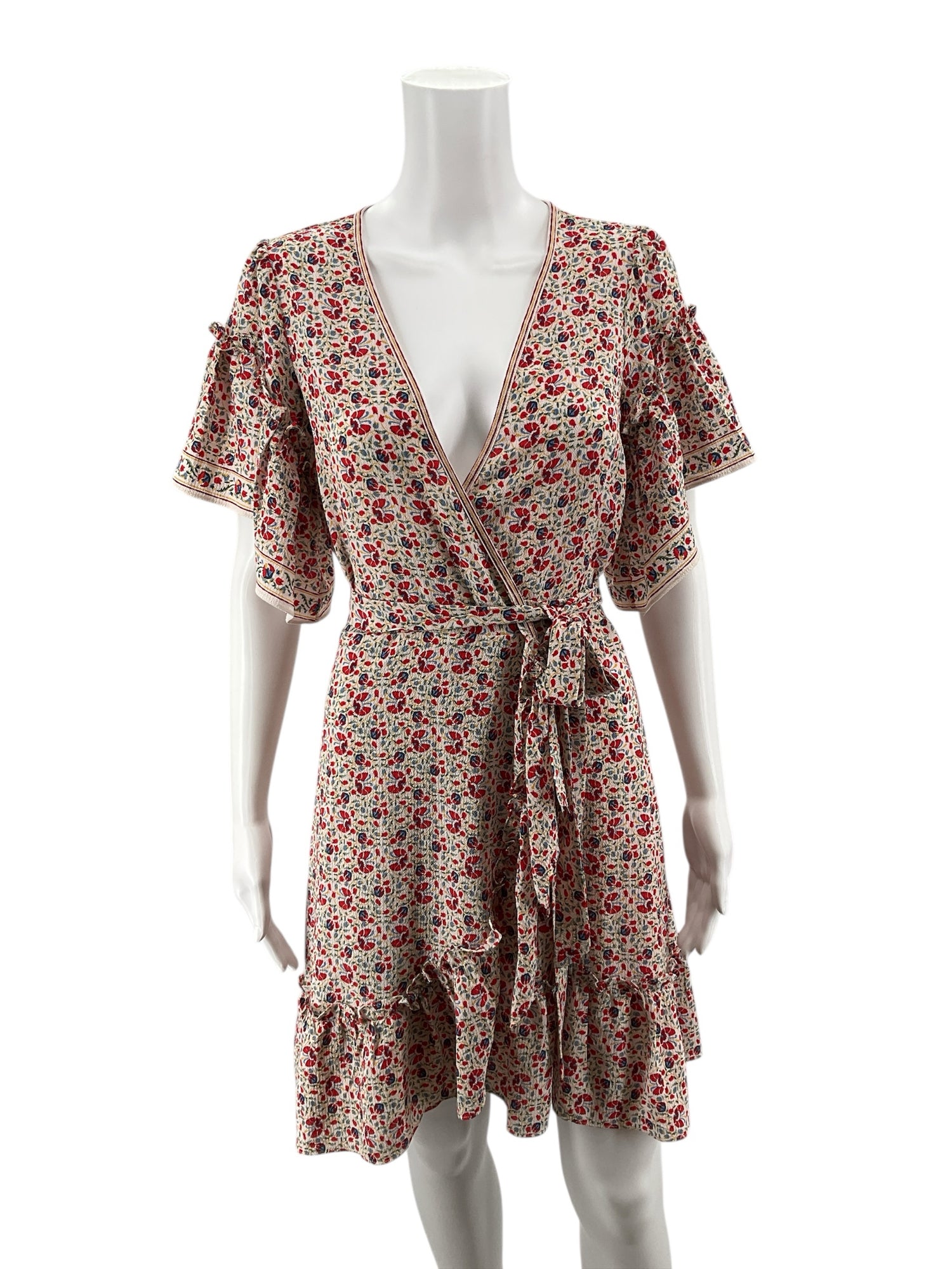 Max Studio Red/White/Blue Floral Red &amp; Blue Floral Faux Wrap Ruffle Dress Size Small - Size S