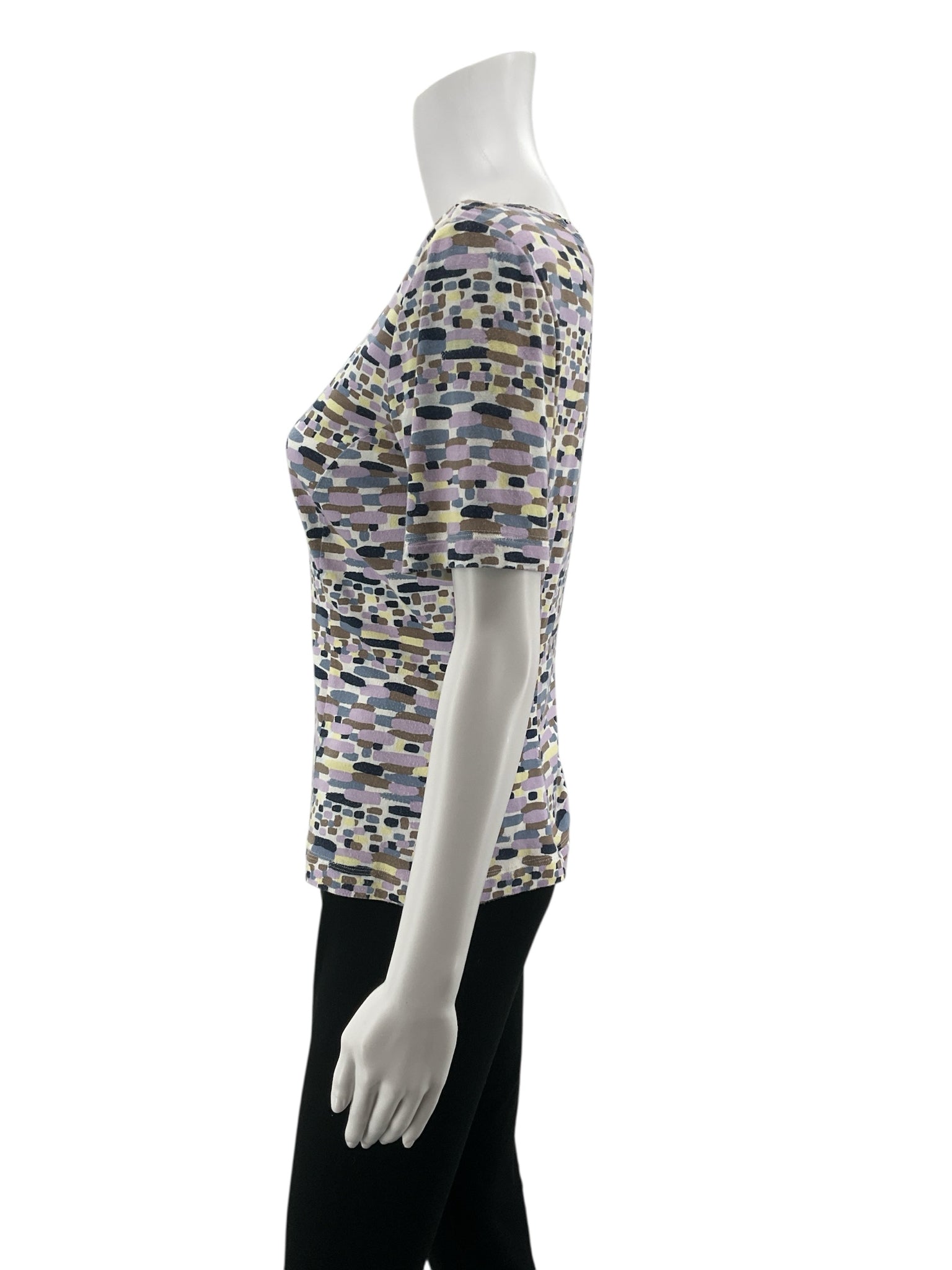St. John Sport purple/yellow/tan/white Short Sleeve Vintage 2008 Abstract Print Scoop Neck Top Size Petite - Size P