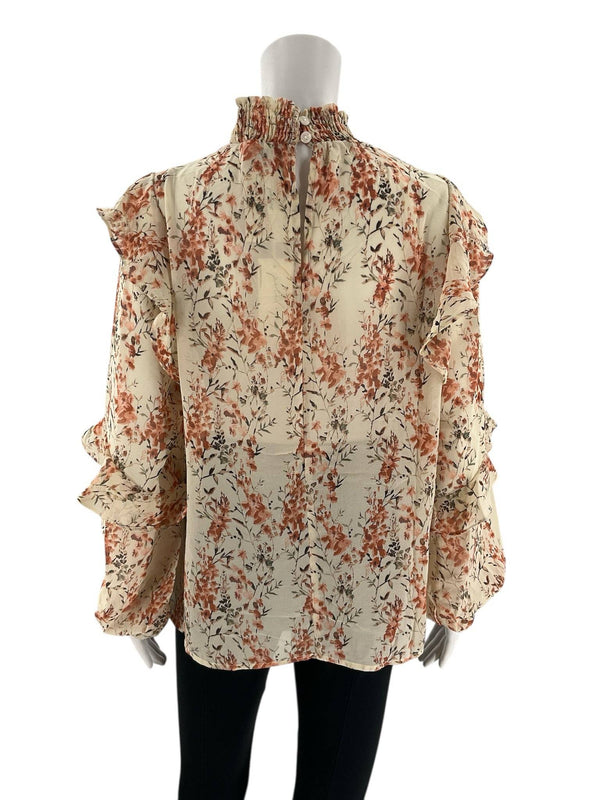 Back view of Petal + Pup Cream/Orange Floral Top - Size Small featuring keyhole button closure and tiered ruffle sleeves.