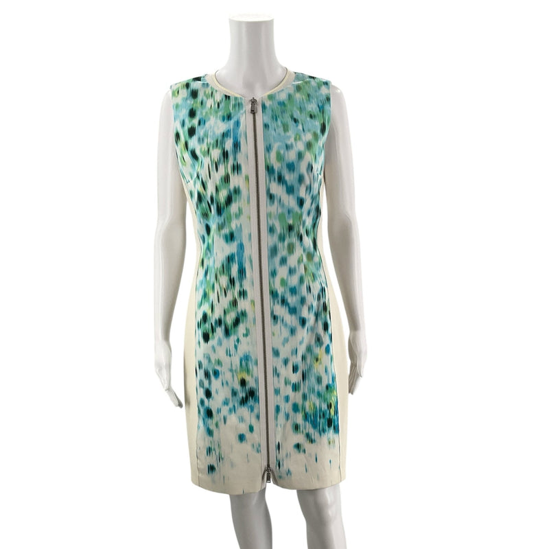 Elie Tahari aqua print dress size 8 with front zip, sleeveless sheath style in white and aqua tones. New with tags, ideal for cocktail events.