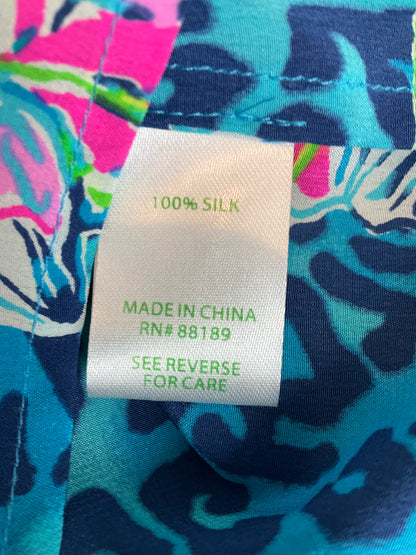 Lilly Pulitzer Elsa Silk Top Blue Lagoon Floral Tunic Blouse Size Large