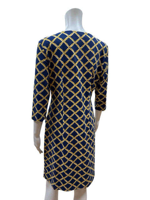 Back view of Jj Mclaughlin Blue/Gold Print Pre-Owned Ladies Dress, showcasing wrinkle-resistant Catalina Cloth and 3/4 sleeves.