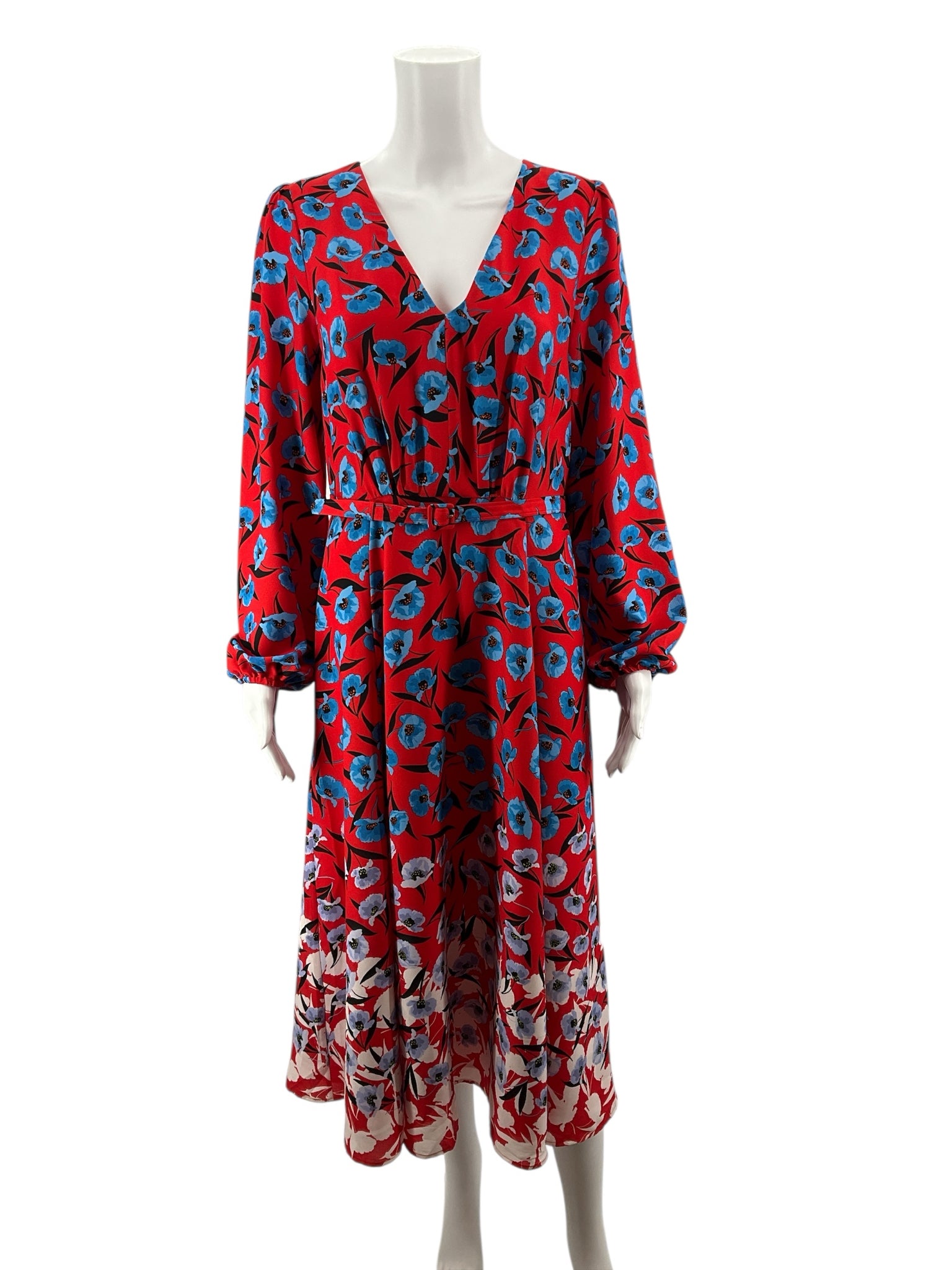 Ann Taylor Red &amp; Blue Floral Puff Sleeve Belted Midi Dress Size 8 - ONLINE ONLY
