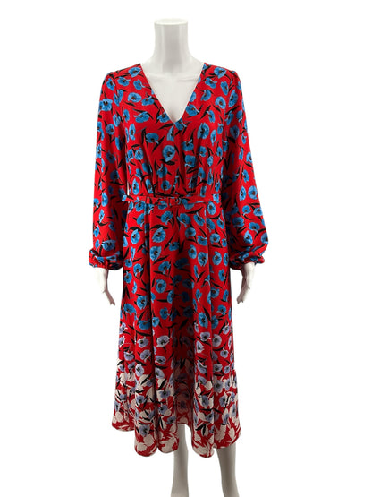 Ann Taylor Red &amp; Blue Floral Puff Sleeve Belted Midi Dress Size 8 - ONLINE ONLY