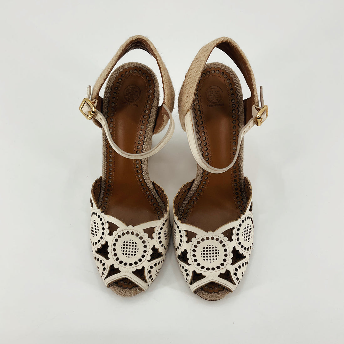 Tory Burch Lacey Perforated Leather Espadrille Wedge Sandals Cream Size 7.5