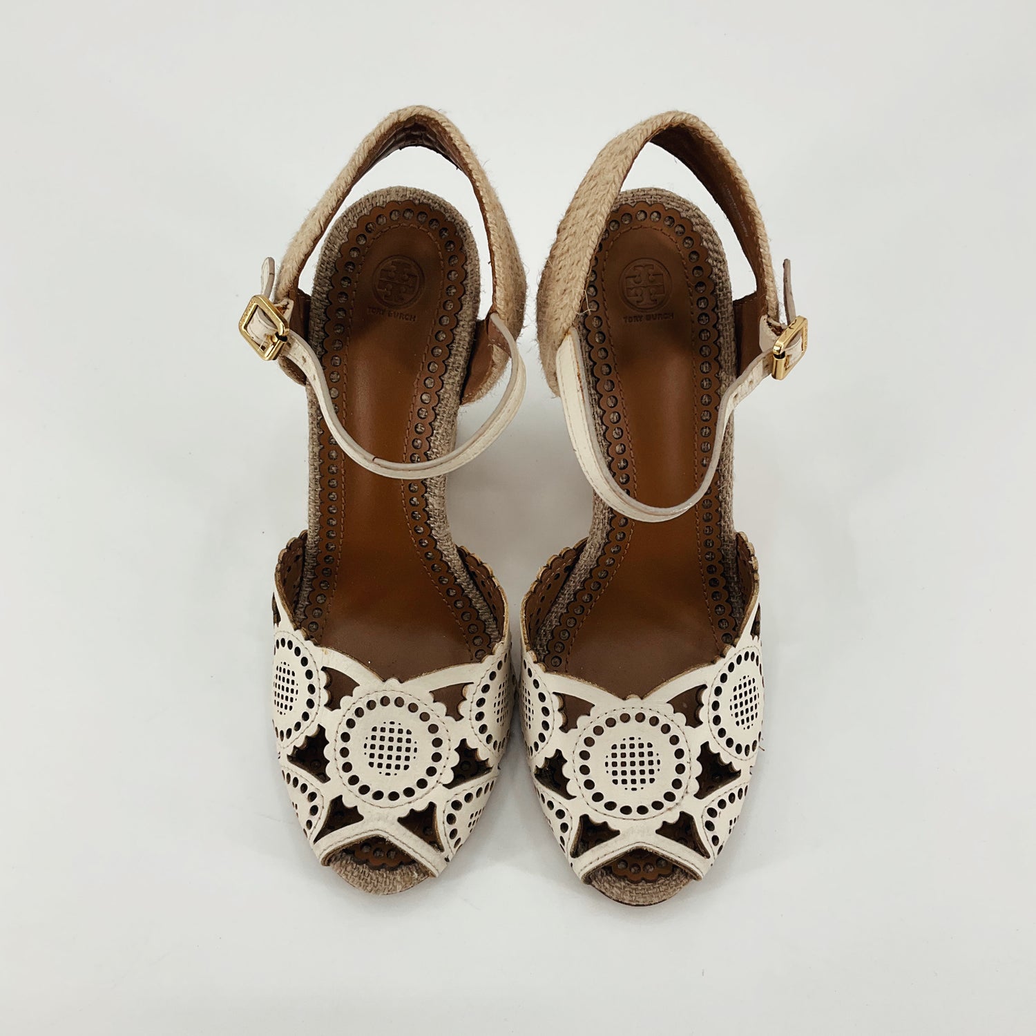 Tory Burch Lacey Perforated Leather Espadrille Wedge Sandals Cream Size 7.5