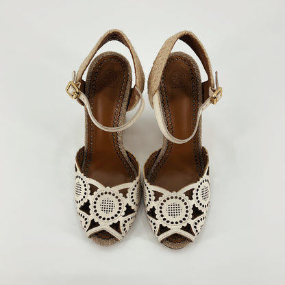 Tory Burch Lacey Perforated Leather Espadrille Wedge Sandals Cream Size 7.5