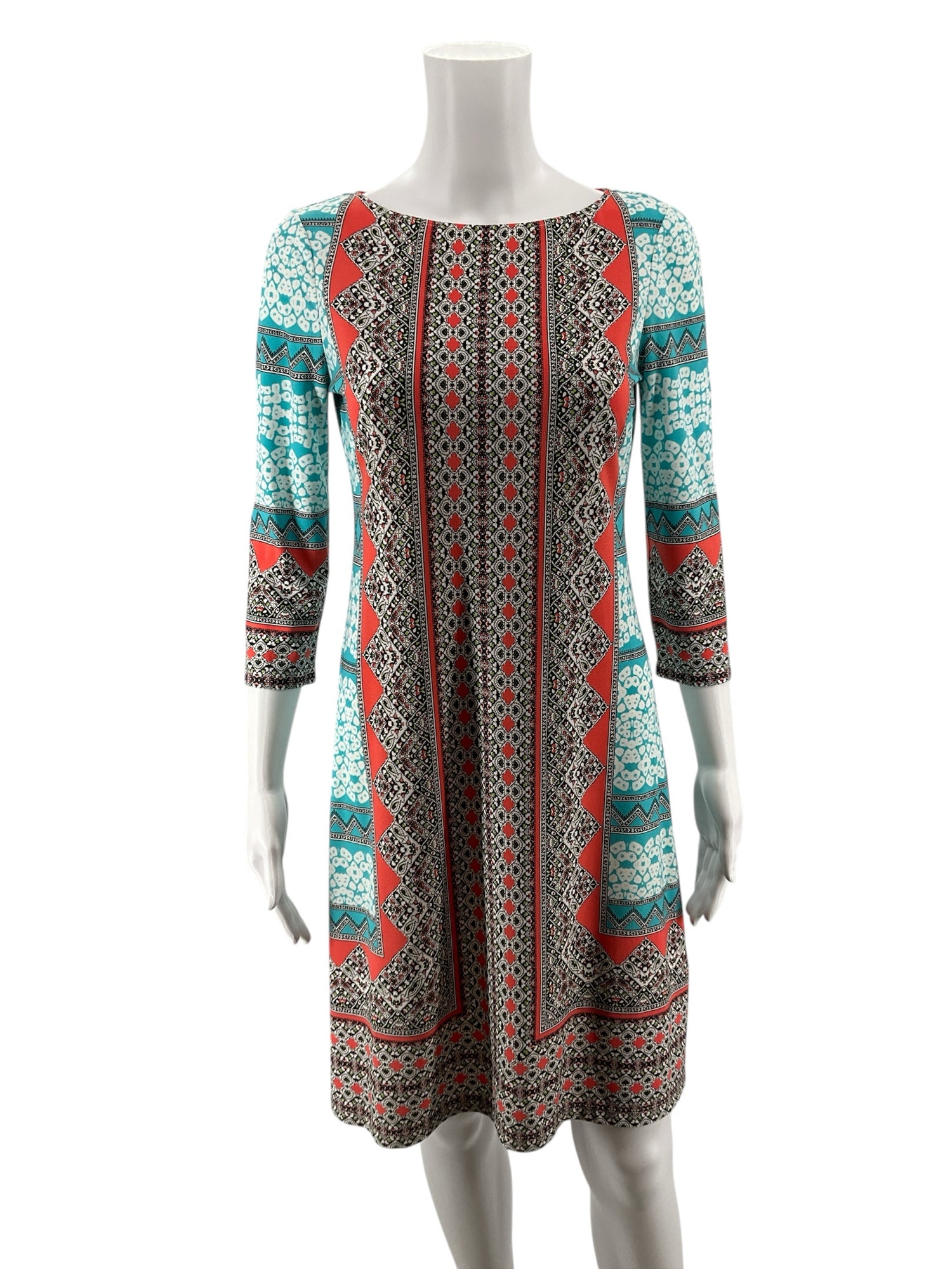 London Times Petite Geometric Border Print Shift Dress Size 4P